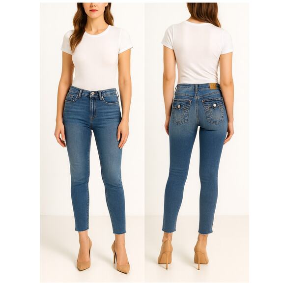 True Religion Halle Flap Skinny Raw Jeans - Medium Cloudless Wash Size 31 - Picture 1 of 14